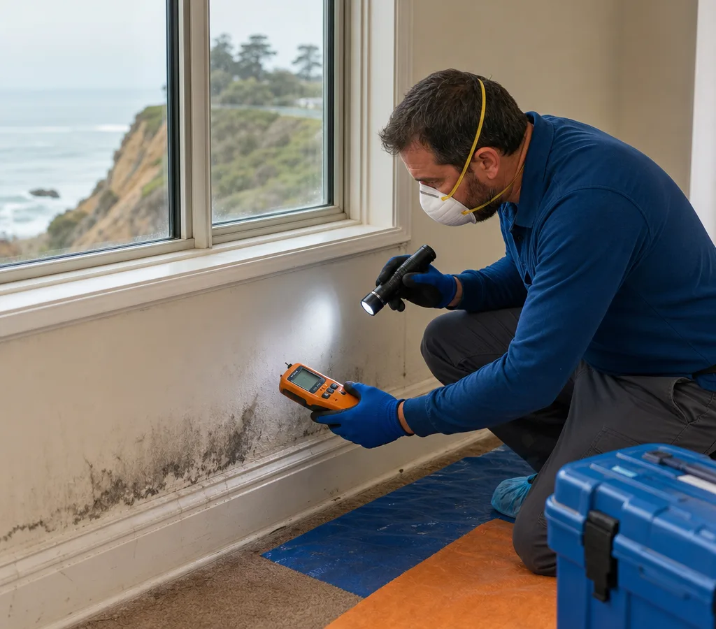 Inspector in protective equipment examining a Santa Cruz interior wall and baseboard with a flashlight and moisture meter
