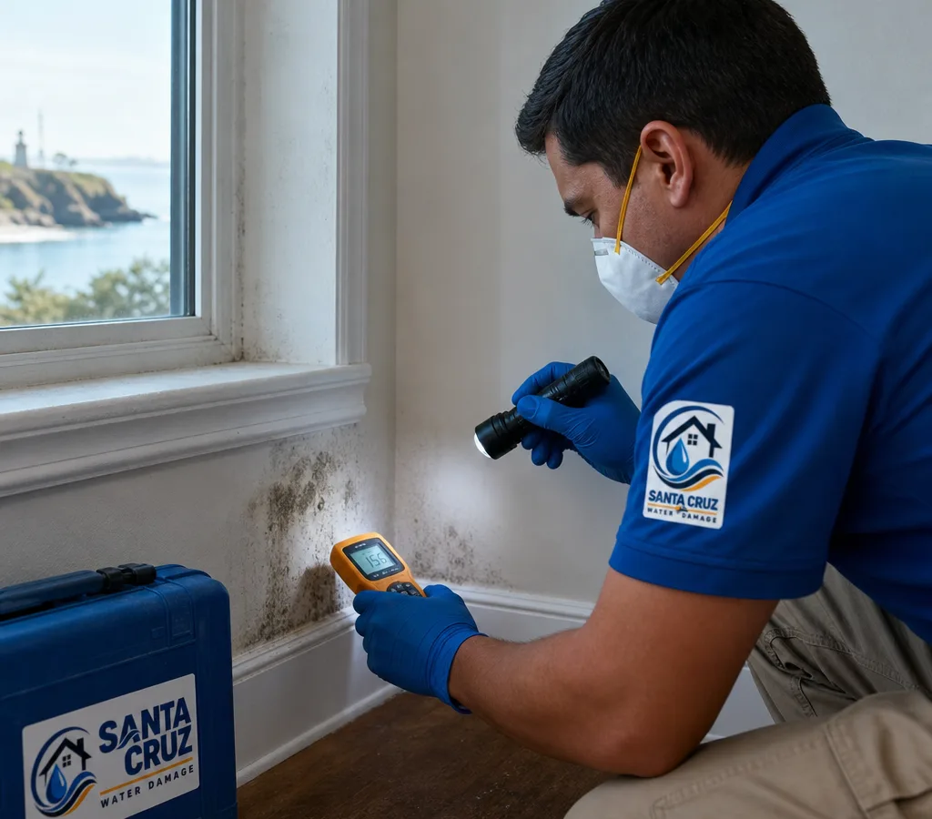 Inspector in protective equipment examining a Santa Cruz interior wall and baseboard with a flashlight and moisture meter