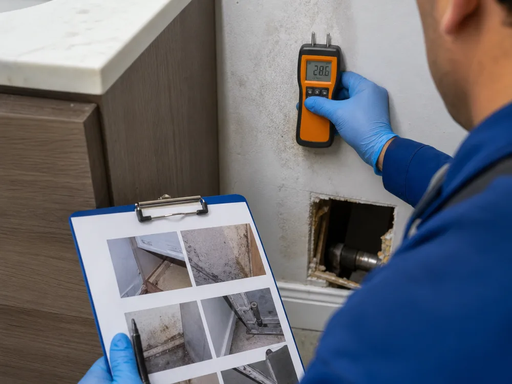 Inspector documenting a moisture meter reading on drywall near a bathroom vanity