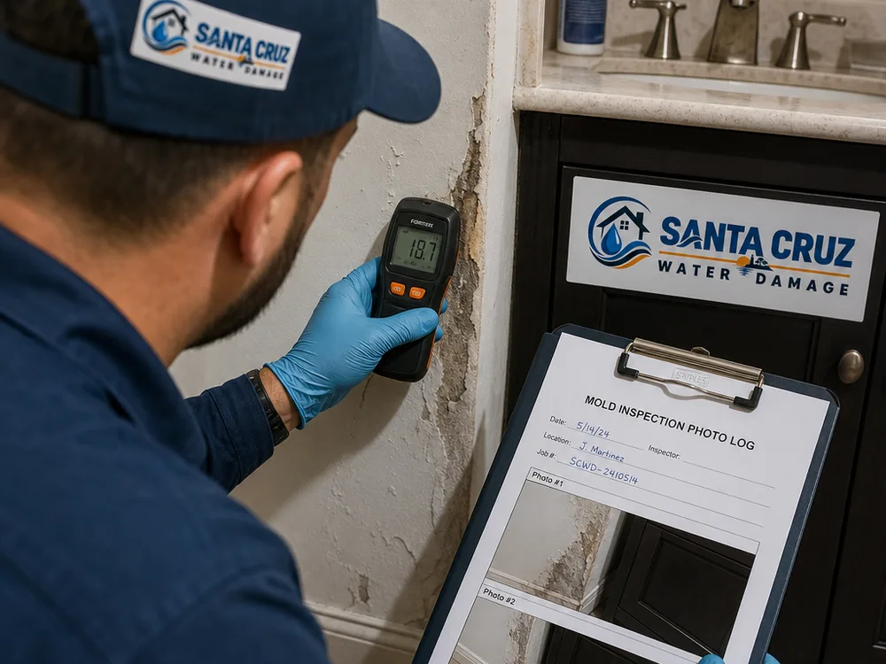 Inspector documenting a moisture meter reading on drywall near a bathroom vanity
