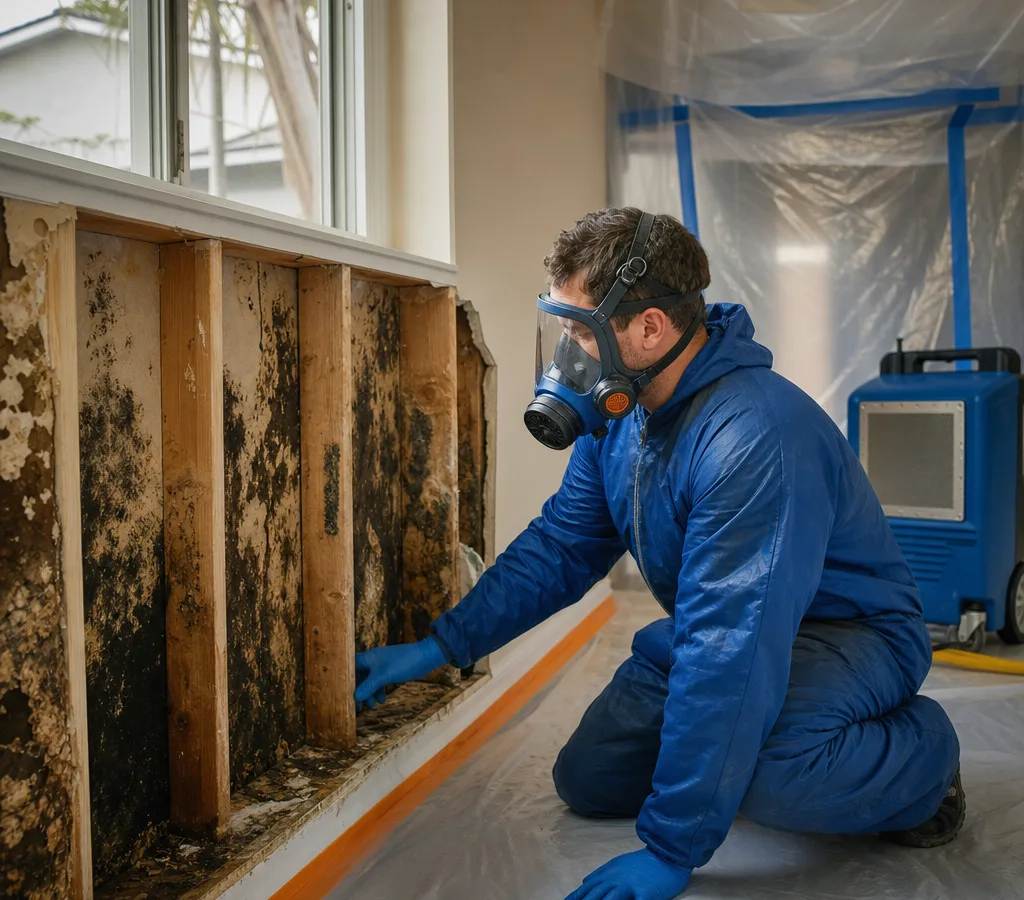 Technician in protective gear inspecting mold in a contained Santa Cruz residential wall cavity with a HEPA air scrubber nearby