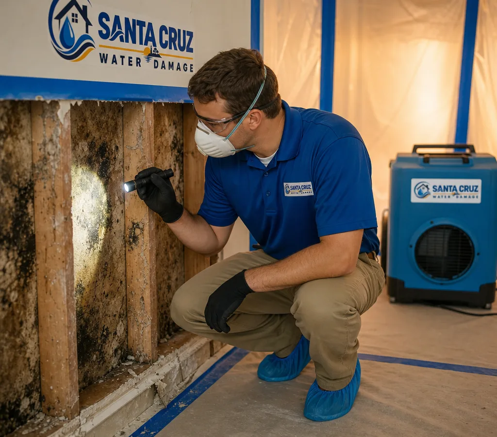 Technician in protective gear inspecting mold in a contained Santa Cruz residential wall cavity with a HEPA air scrubber nearby