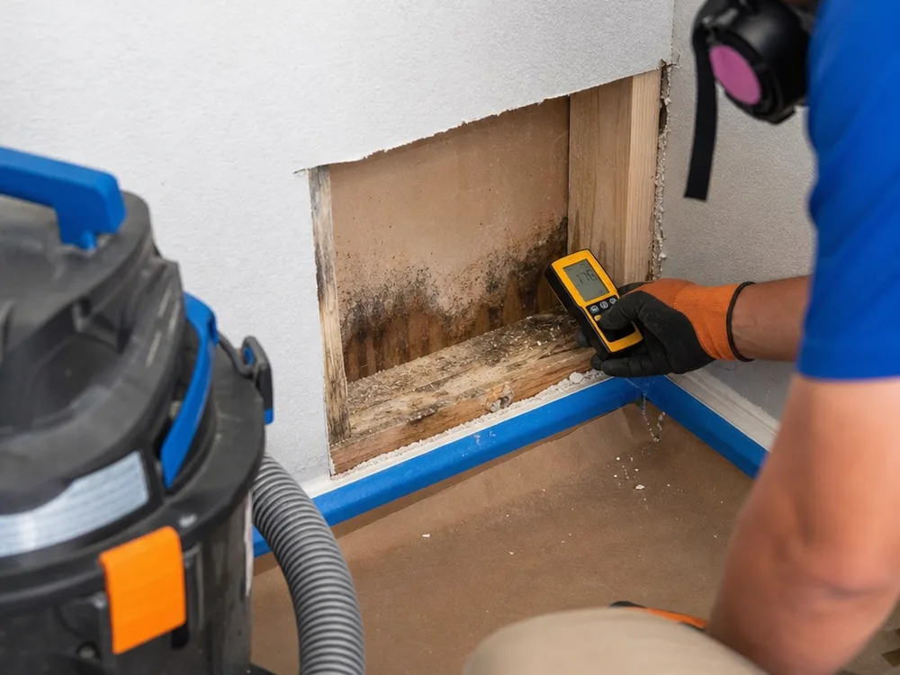 Contained drywall inspection opening showing mold-stained framing with a moisture meter and HEPA vacuum