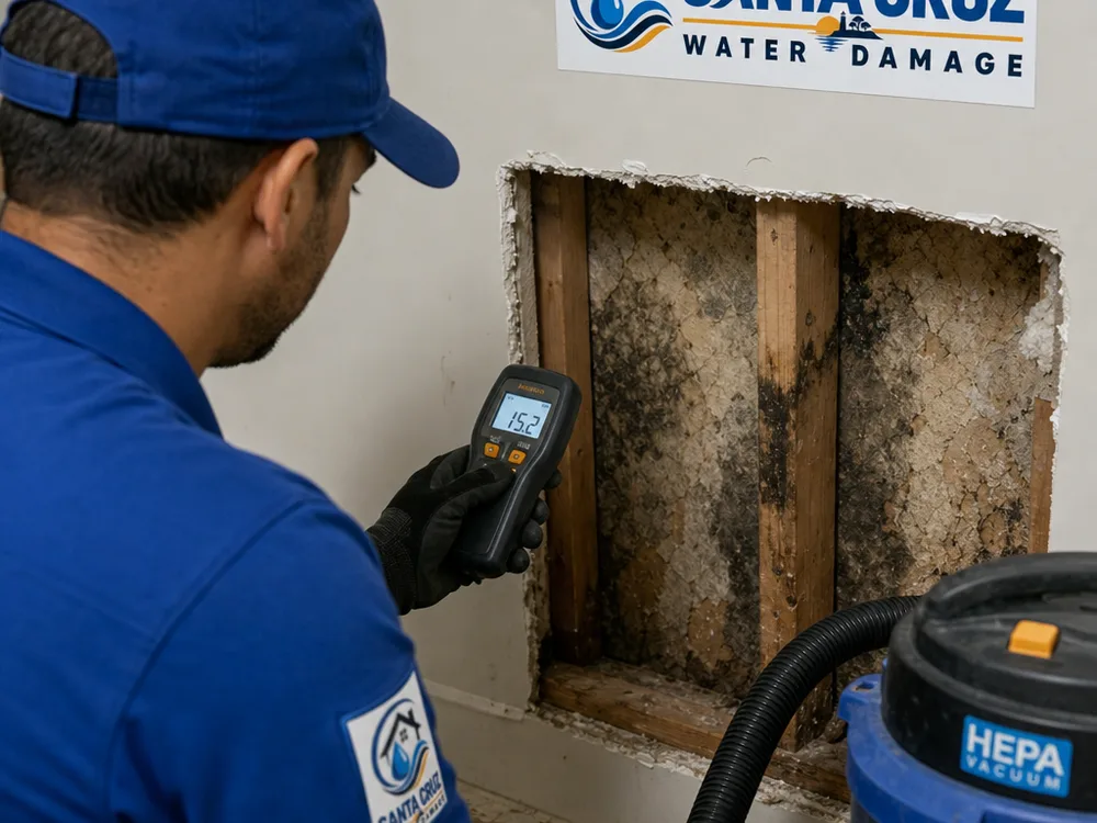 Contained drywall inspection opening showing mold-stained framing with a moisture meter and HEPA vacuum