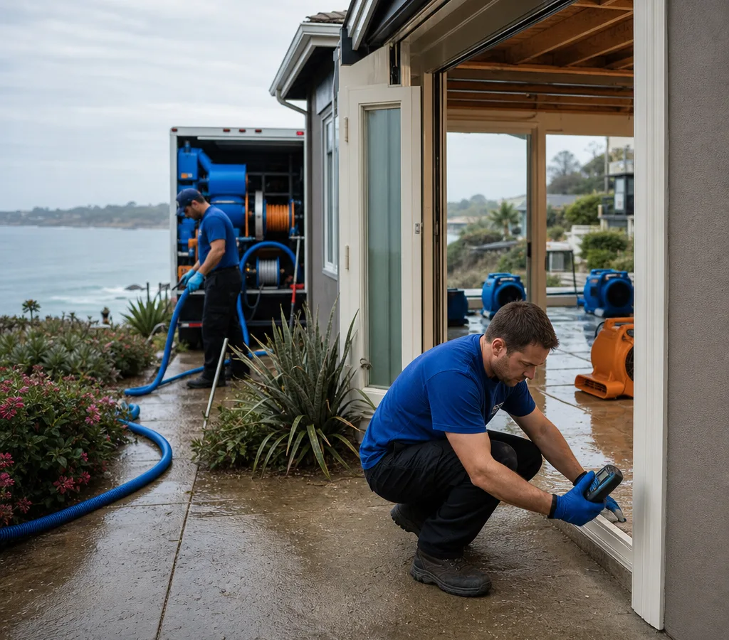 Water damage restoration technicians responding to a Santa Cruz property