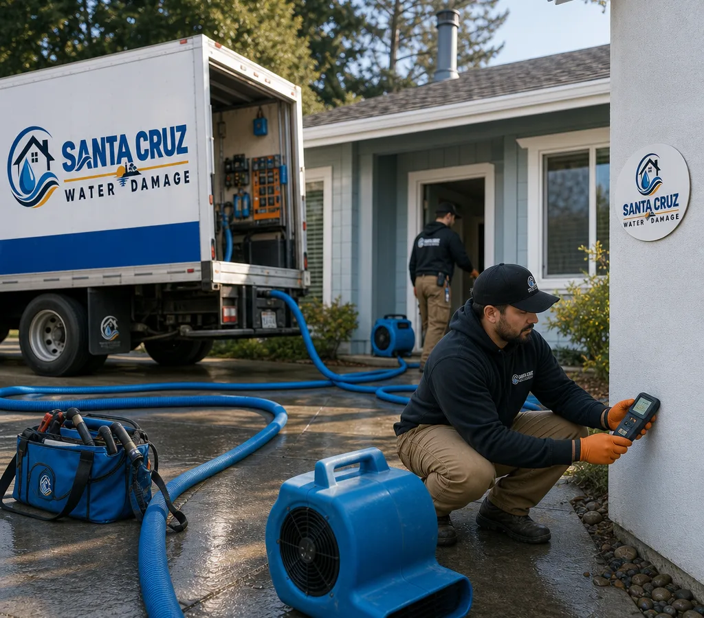 Technicians extracting water from a Santa Cruz home using restoration equipment and moisture meters