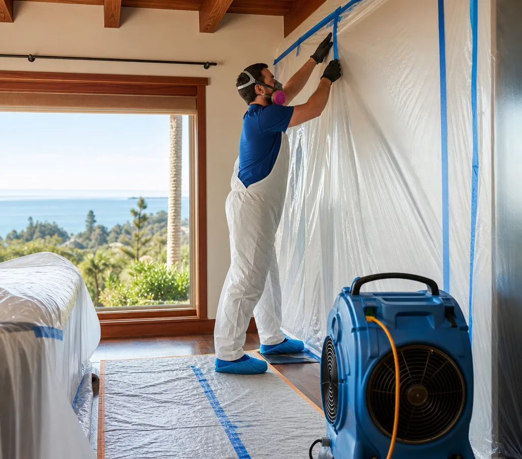 Technician in protective gear setting up plastic containment and a negative air machine in a Santa Cruz home interior during mold remediation