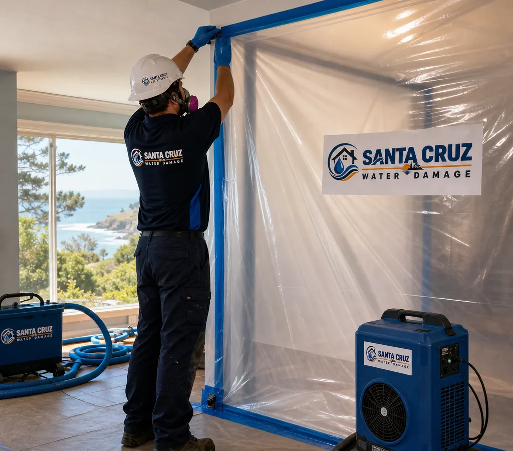 Technician in protective gear setting up plastic containment and a negative air machine in a Santa Cruz home interior during mold remediation
