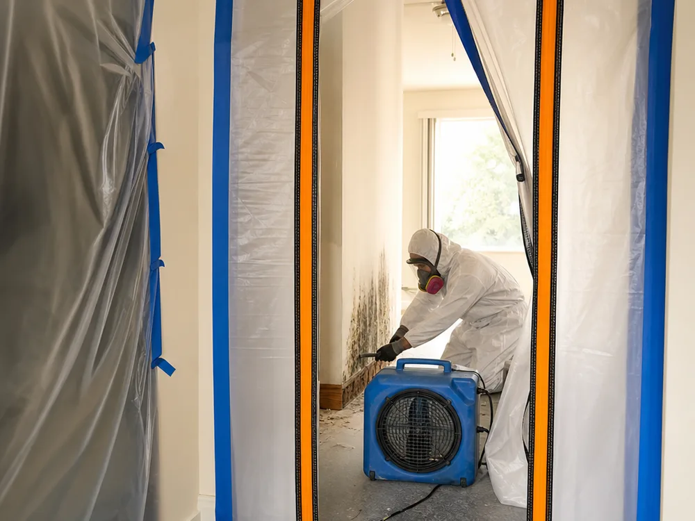 Sealed containment doorway with warning signage and a HEPA air scrubber running during mold remediation