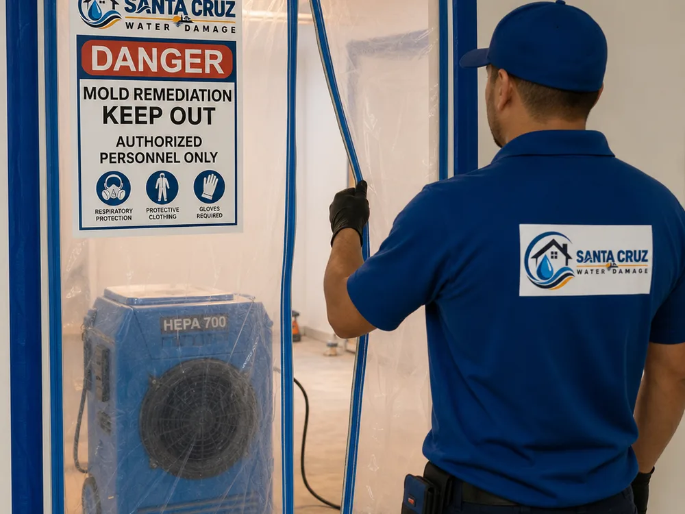 Sealed containment doorway with warning signage and a HEPA air scrubber running during mold remediation