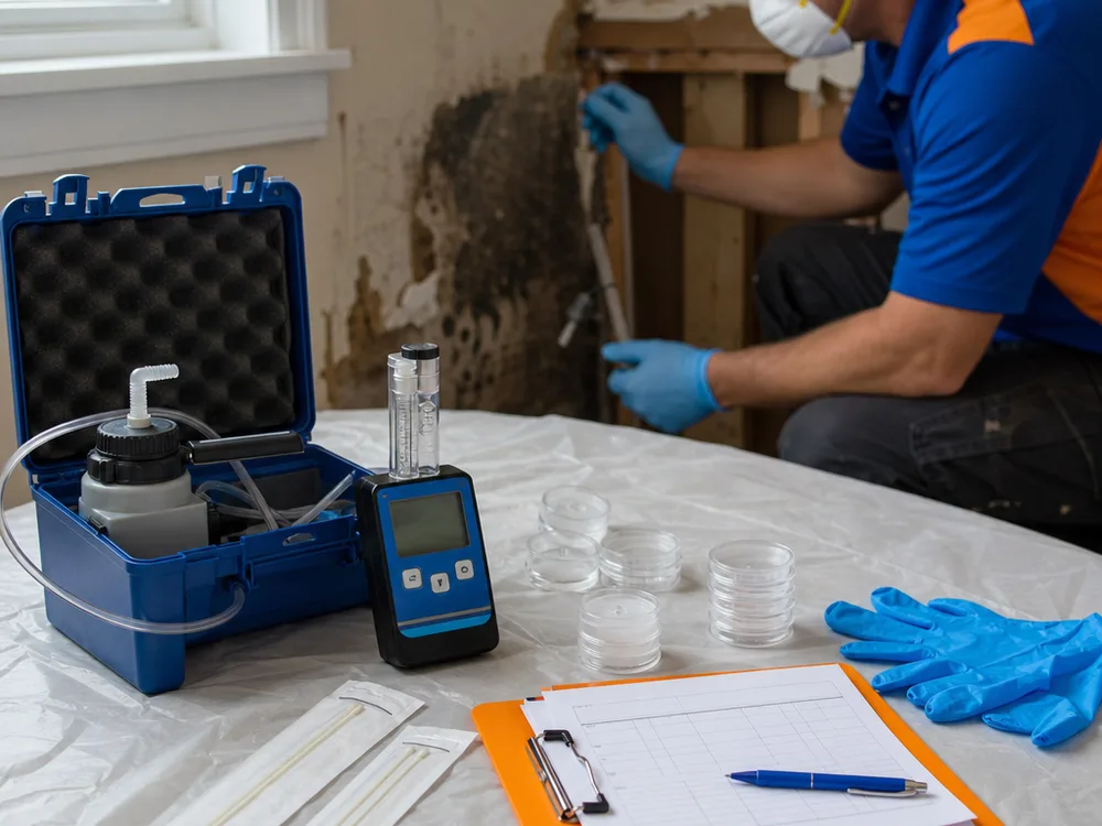 Air sampling pump, calibrated flow meter, labeled spore trap cassettes, sterile swabs, gloves, and chain-of-custody form