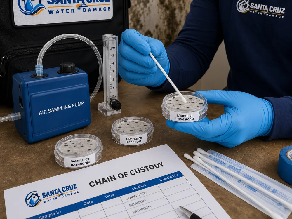 Air sampling pump, calibrated flow meter, labeled spore trap cassettes, sterile swabs, gloves, and chain-of-custody form