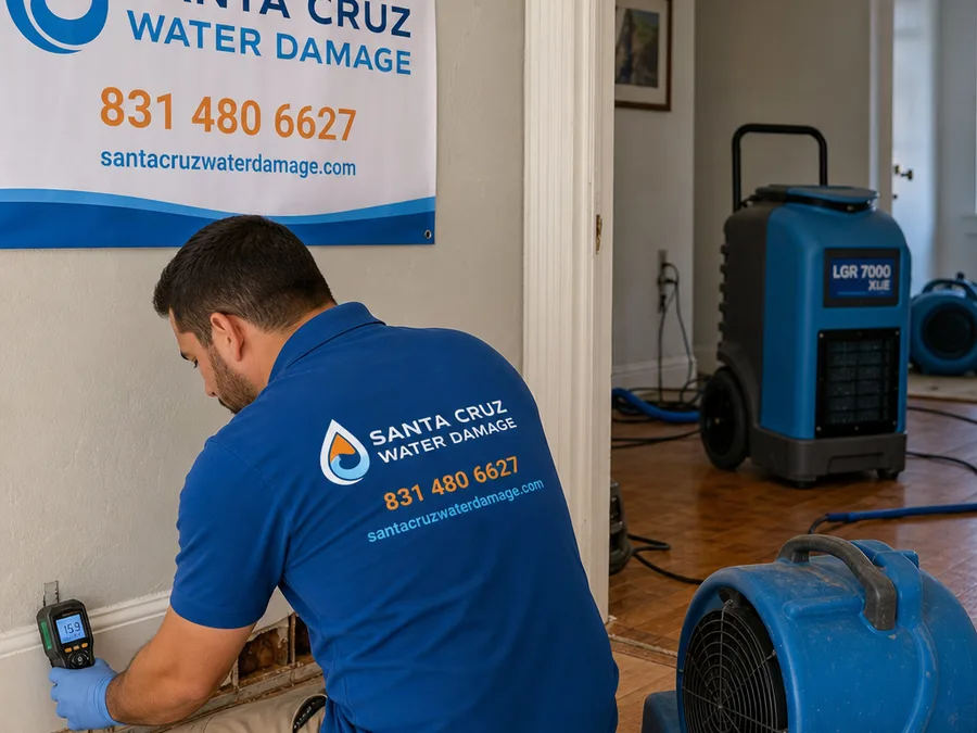 Technician inspecting moisture conditions at a Santa Cruz property