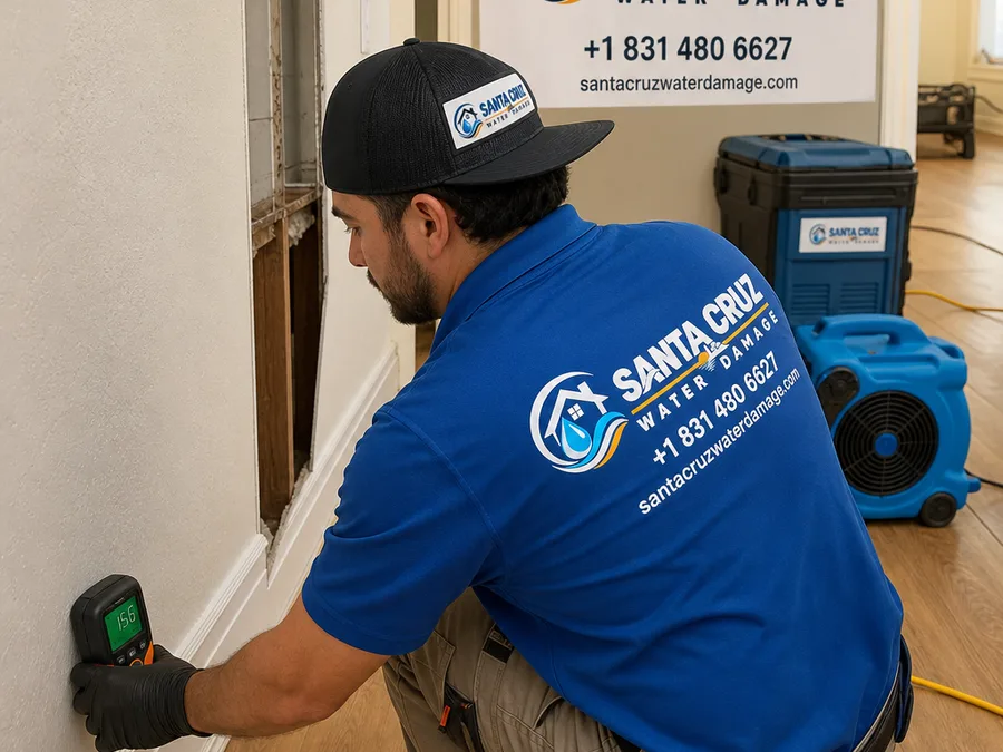 Technician checking baseboards and drywall with a moisture meter while drying equipment runs